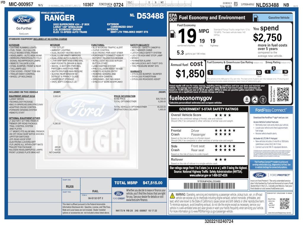 2022 Ford Ranger Lariat TREMOR CREW 4WD