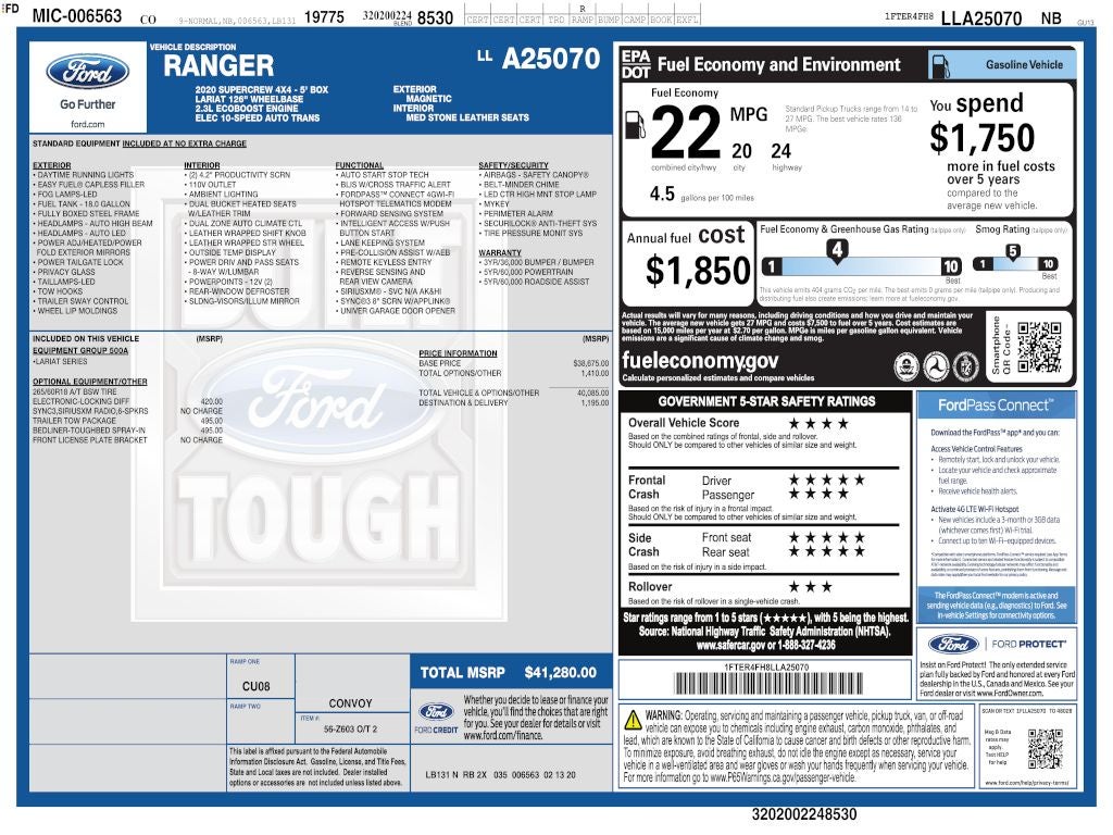 2020 Ford Ranger Lariat CREW 4WD